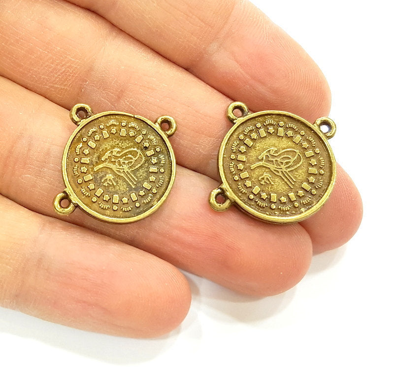 4 Antique Bronze Charms Connector Ottoman Coin Signature Charms (20mm) G7164