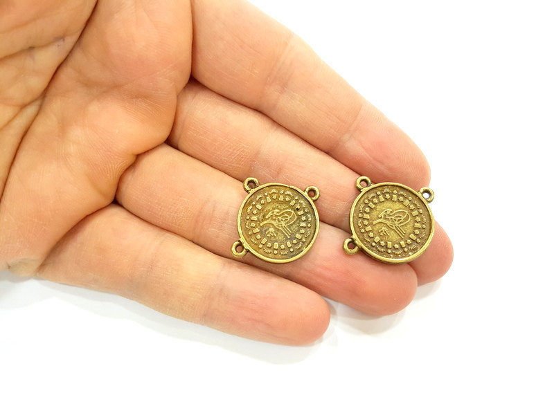 4 Antique Bronze Charms Connector Ottoman Coin Signature Charms (20mm) G7164