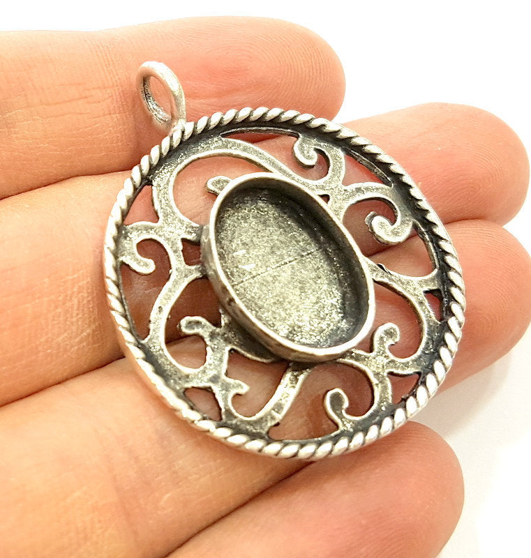Silver Pendant Blank Bezel Base Setting Necklace Blank Mountings Antique Silver Plated Brass (18x13mm blank) G7183