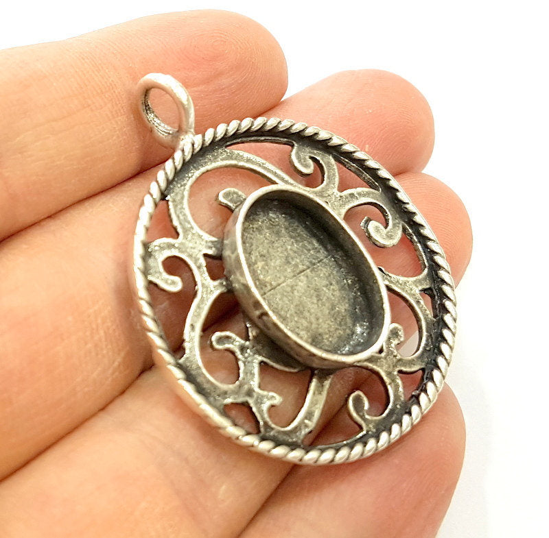 Silver Pendant Blank Bezel Base Setting Necklace Blank Mountings Antique Silver Plated Brass (18x13mm blank) G7183