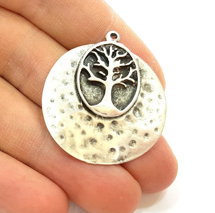 2 Silver Pendant Tree Pendant Antique Silver Plated Hammered Pendant (33mm) G7273
