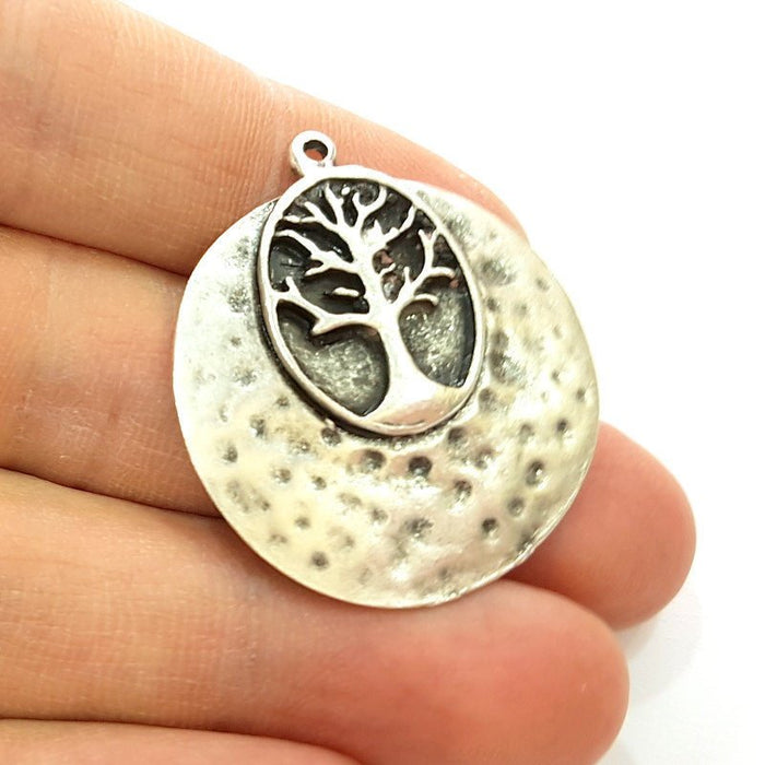 2 Silver Pendant Tree Pendant Antique Silver Plated Hammered Pendant (33mm) G7273