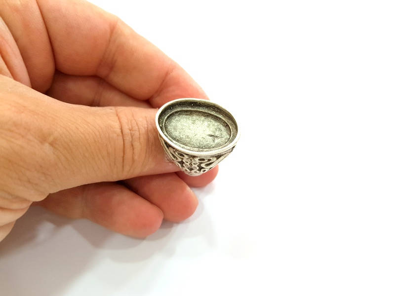 Silver Ring Blank Base Bezel Settings Cabochon Base Mountings (24x16mm Blank) , Antique Silver Plated Brass G7896