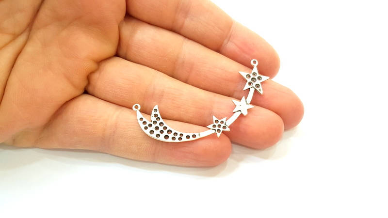 2 Silver Charms Silver Plated Star Charms Antique Silver Plated Brass (54x21mm)  G7418
