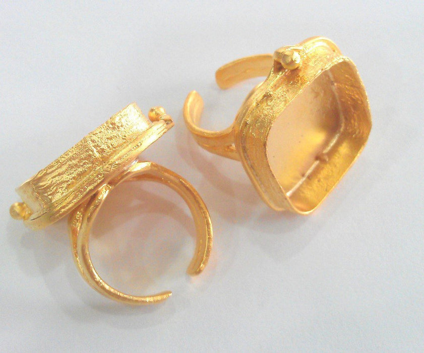 2 Gold Square Ring Blank , Bezel Settings,Cabochon Base,Mountings (20 mm Blank), Gold Plated Brass G10784