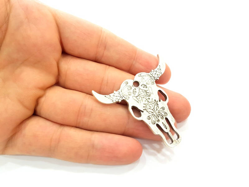 Ox Head Skull Pendant Silver Pendant Antique Silver Plated Pendant (47x47mm) G8413