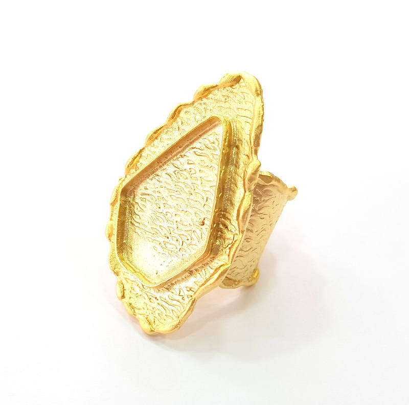 Gold Ring Blank Ring Settings Ring Bezel Base Cabochon Mountings Adjustable  (26x17mm blank ) Gold Plated Brass G8033