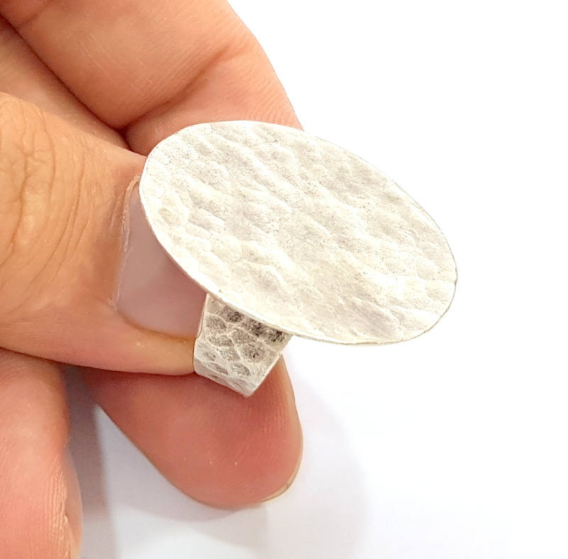 Silver Ring Blank Base Bezel Settings Cabochon Base Mountings Adjustable (30mm Blank) , Antique Silver Plated Brass G8074