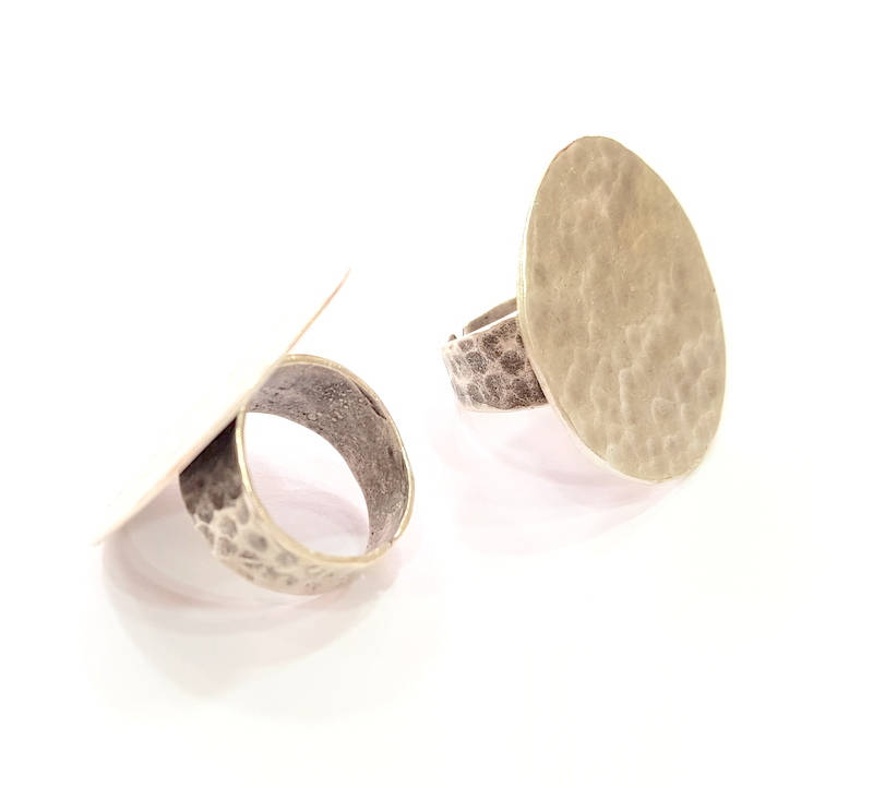 Silver Ring Blank Base Bezel Settings Cabochon Base Mountings Adjustable (30mm Blank) , Antique Silver Plated Brass G8074