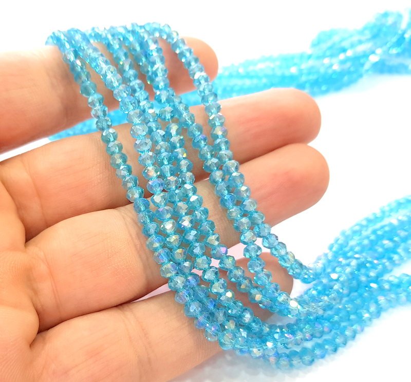 Cyan Blue Glass Rondelle Faceted Beads  140 Pcs (4x3 mm),  1 strand approx 45 cm ( approx 17,5 inch) G8099