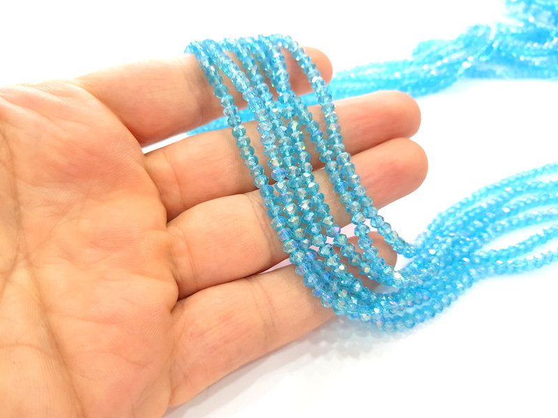 Cyan Blue Glass Rondelle Faceted Beads  140 Pcs (4x3 mm),  1 strand approx 45 cm ( approx 17,5 inch) G8099