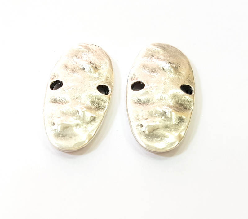 4 Silver Connector Antique Silver Plated Hammered Pendant (30x13mm) G8634