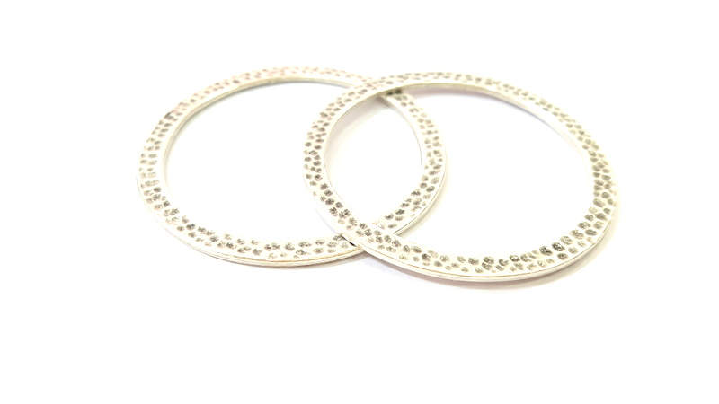Silver Large Circle Connector Pendant Hammered Round Antique Silver Plated (58mm) G14438