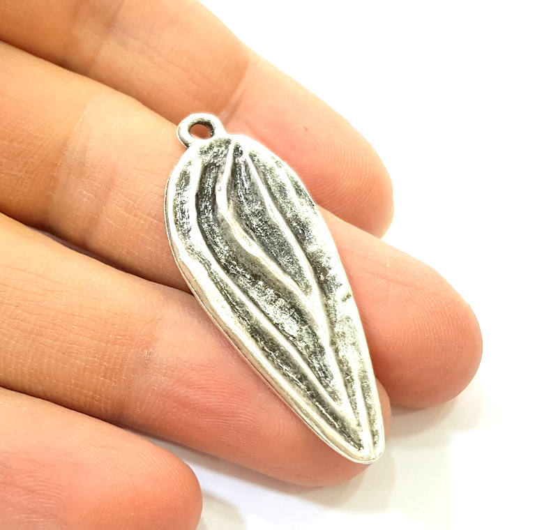2 Silver Leaf Charms Antique Silver Plated Leaf Pendants (47x18mm)  G7564