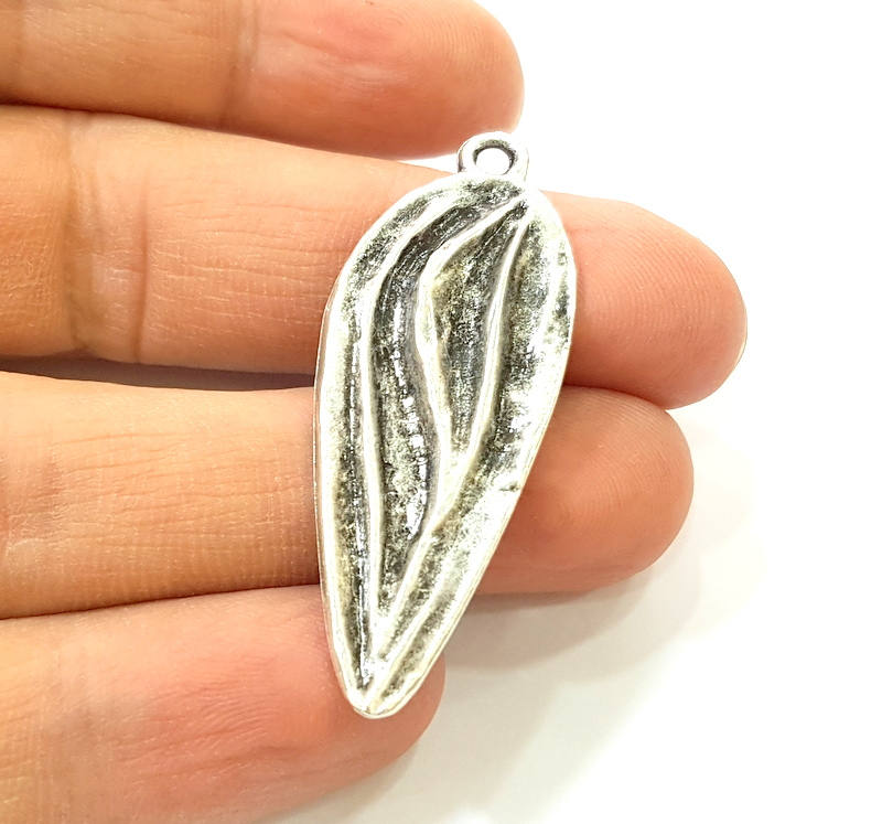 2 Silver Leaf Charms Antique Silver Plated Leaf Pendants (47x18mm)  G7564