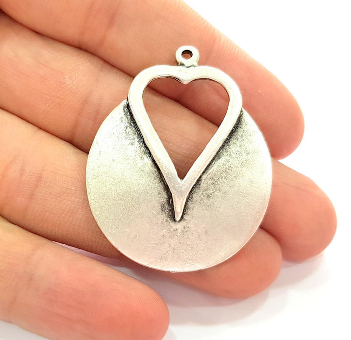 2 Silver Heart Pendant Antique Silver Plated Pendants (42x35mm)  G8114