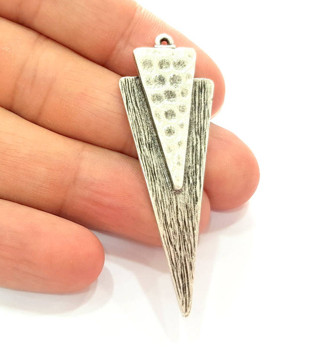 2 Silver Hammered Triangle Pendant Antique Silver Plated Pendants (58x21mm)  G8688