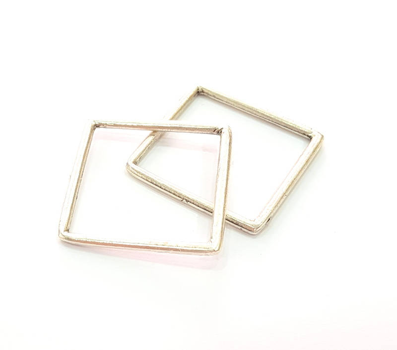 4 Silver Square Connector Pendant Antique Silver Plated Geometric Pendants (32mm) G8124