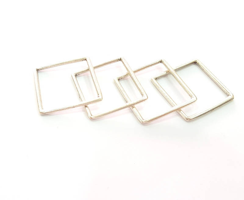 4 Silver Square Connector Pendant Antique Silver Plated Geometric Pendants (32mm) G8124