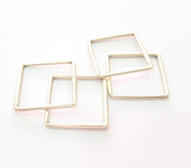 4 Silver Square Connector Pendant Antique Silver Plated Geometric Pendants (32mm) G8124