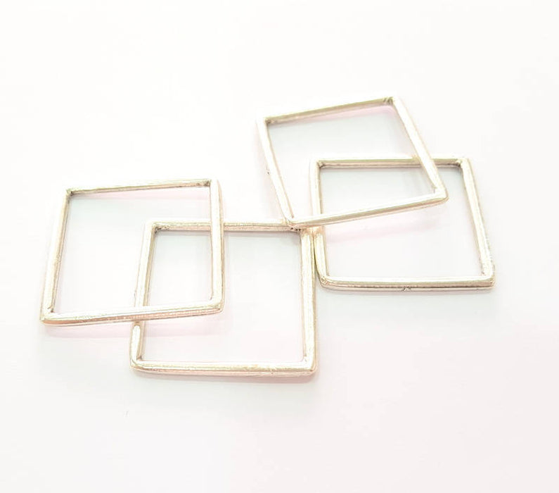 4 Silver Square Connector Pendant Antique Silver Plated Geometric Pendants (32mm) G8124