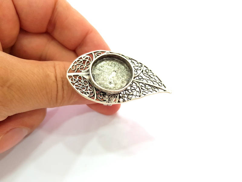 Silver Ring Blank Base Bezel Settings Cabochon Base Mountings Adjustable (20mm Blank) , Antique Silver Plated Brass G8145