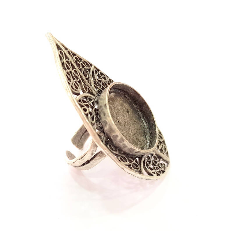 Silver Ring Blank Base Bezel Settings Cabochon Base Mountings Adjustable (20mm Blank) , Antique Silver Plated Brass G8145