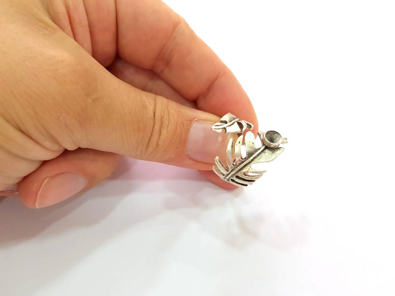 Silver Leaf Ring Blank Base Bezel Settings Cabochon Base Mountings Adjustable (5mm Blank) , Antique Silver Plated Brass  G15667