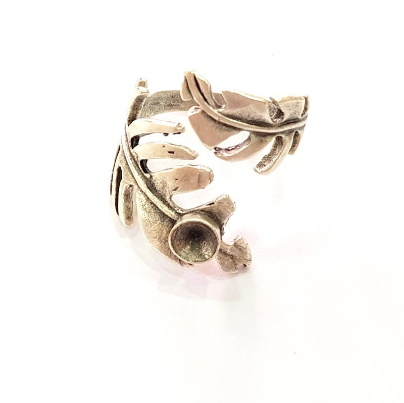 Silver Leaf Ring Blank Base Bezel Settings Cabochon Base Mountings Adjustable (5mm Blank) , Antique Silver Plated Brass  G15667