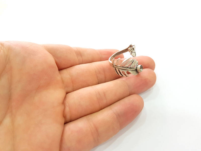Silver Leaf Ring Blank Base Bezel Settings Cabochon Base Mountings Adjustable (5mm Blank) , Antique Silver Plated Brass  G15667