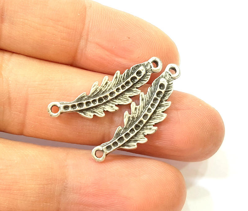 10 Silver Leaf Charms Antique Silver Plated Connector (30x6mm)  G7865