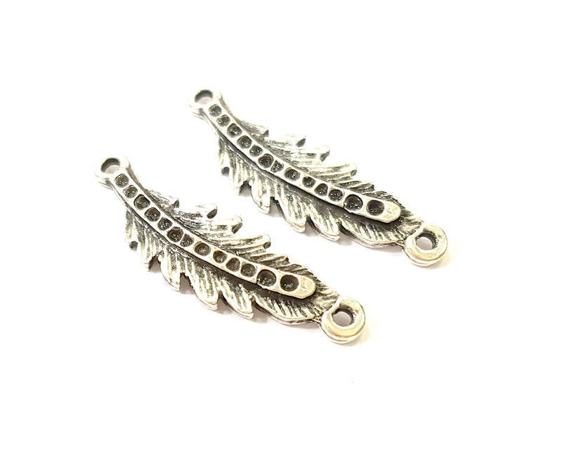 10 Silver Leaf Charms Antique Silver Plated Connector (30x6mm)  G7865