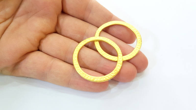 2 Gold Hammered Circle Charm Pendant Gold Plated Circle (38mm)  G7880