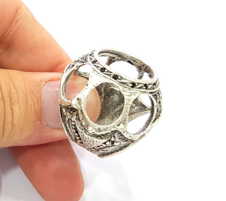 Silver Ring Blank Base Bezel Settings Cabochon Base Mountings Adjustable (18mm Blank) , Antique Silver Plated Brass G8319