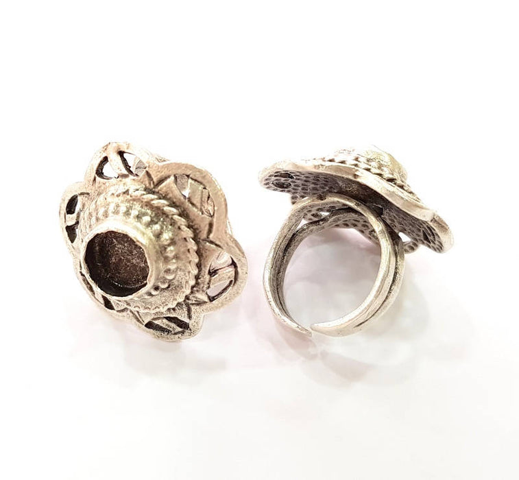 Silver Ring Blank Base Bezel Settings Cabochon Base Mountings Adjustable (9mm Blank) , Antique Silver Plated Brass G8331