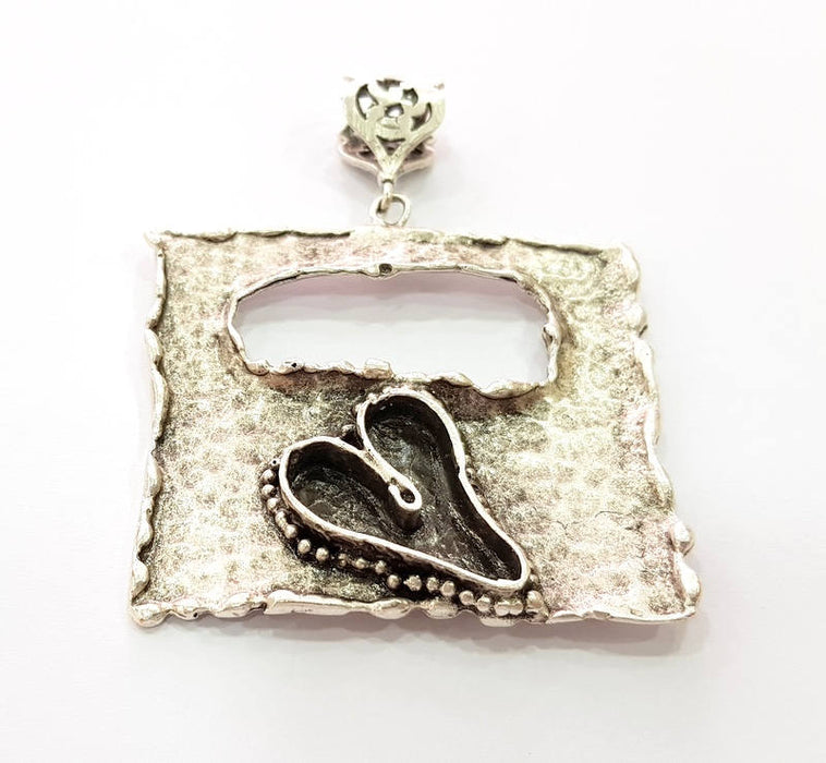 Silver Pendant Blank Bezel Base Setting Necklace Blank Resin Blank Mountings Antique Silver Plated Brass ( 50x46mm )  G8333