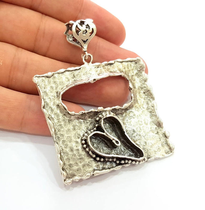 Silver Pendant Blank Bezel Base Setting Necklace Blank Resin Blank Mountings Antique Silver Plated Brass ( 50x46mm )  G8333