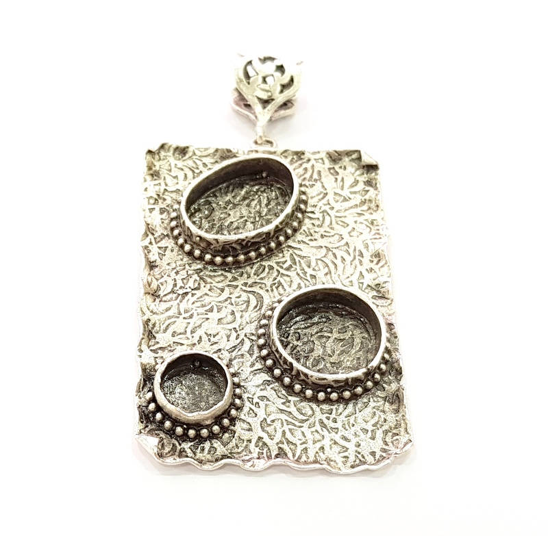 Silver Pendant Blank Bezel Base Setting Necklace Blank Resin Blank Mountings Antique Silver Plated Brass ( 58x38mm )  G8682