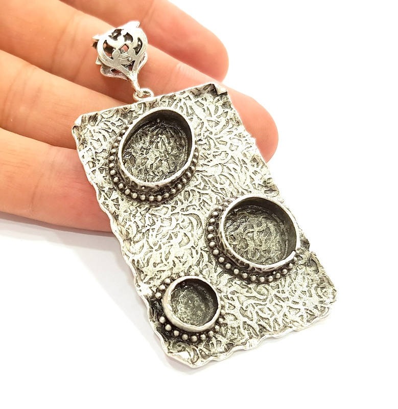 Silver Pendant Blank Bezel Base Setting Necklace Blank Resin Blank Mountings Antique Silver Plated Brass ( 58x38mm )  G8682