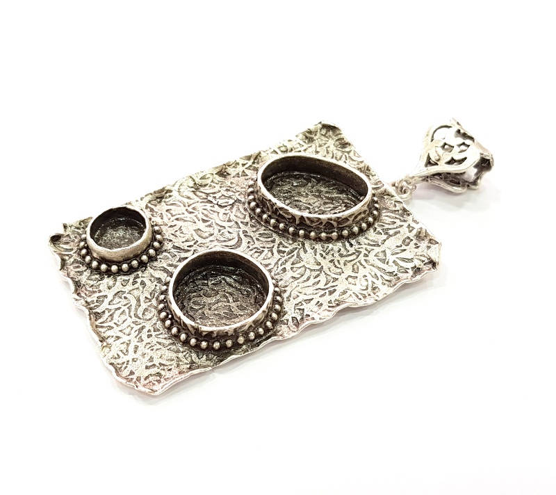 Silver Pendant Blank Bezel Base Setting Necklace Blank Resin Blank Mountings Antique Silver Plated Brass ( 58x38mm )  G8682