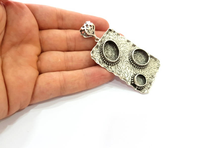 Silver Pendant Blank Bezel Base Setting Necklace Blank Resin Blank Mountings Antique Silver Plated Brass ( 58x38mm )  G8682