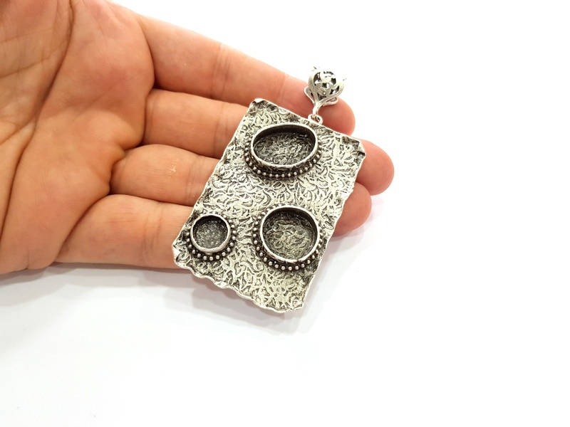 Silver Pendant Blank Bezel Base Setting Necklace Blank Resin Blank Mountings Antique Silver Plated Brass ( 58x38mm )  G8682