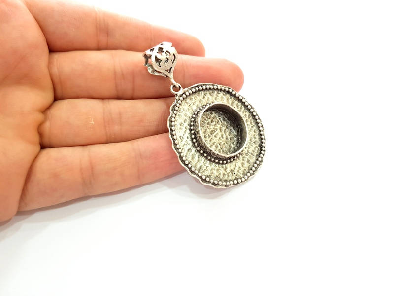 Silver Pendant Blank Bezel Base Setting Necklace Blank Resin Blank Mountings Antique Silver Plated Brass ( 50mm )  G8335