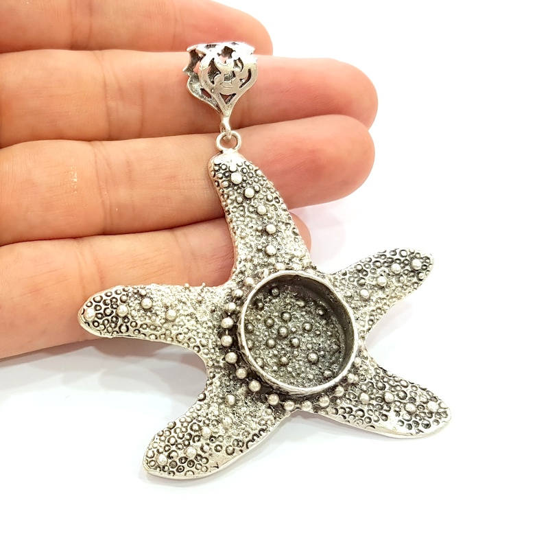Silver Pendant Blank Bezel Base Setting Necklace Blank Resin Blank Mountings Antique Silver Plated Brass ( 64x56mm )  G8978