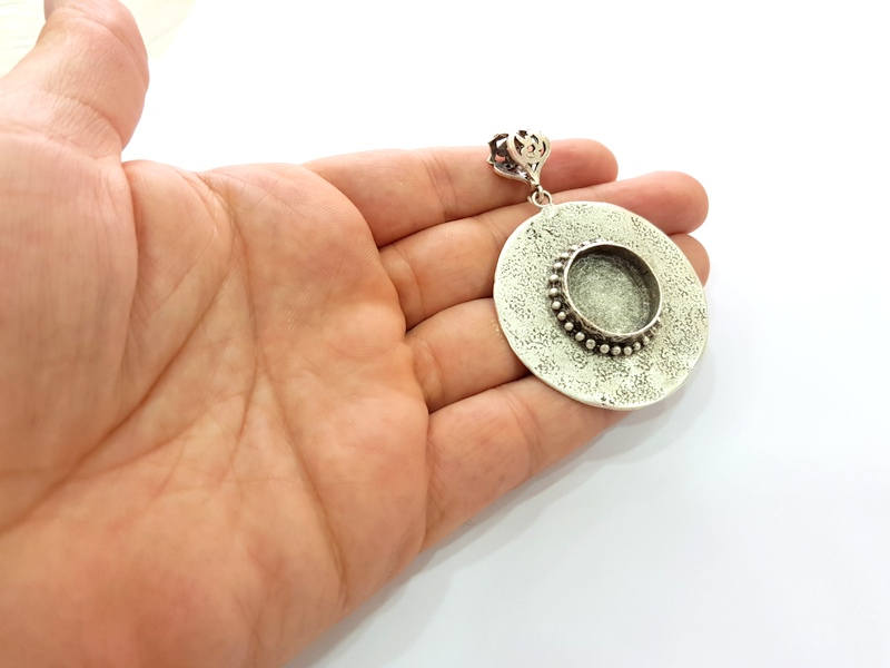 Silver Pendant Blank Bezel Base Setting Necklace Blank Resin Blank Mountings Antique Silver Plated Brass ( 44mm )  G8339