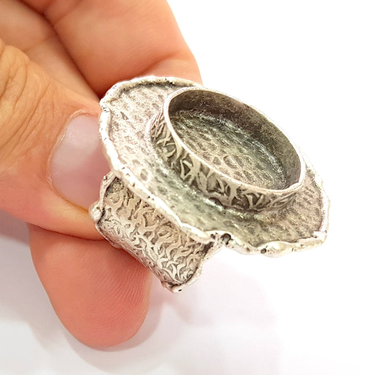 Silver Ring Blank Base Bezel Settings Cabochon Base Mountings Adjustable (20mm Blank) , Antique Silver Plated Brass G8676