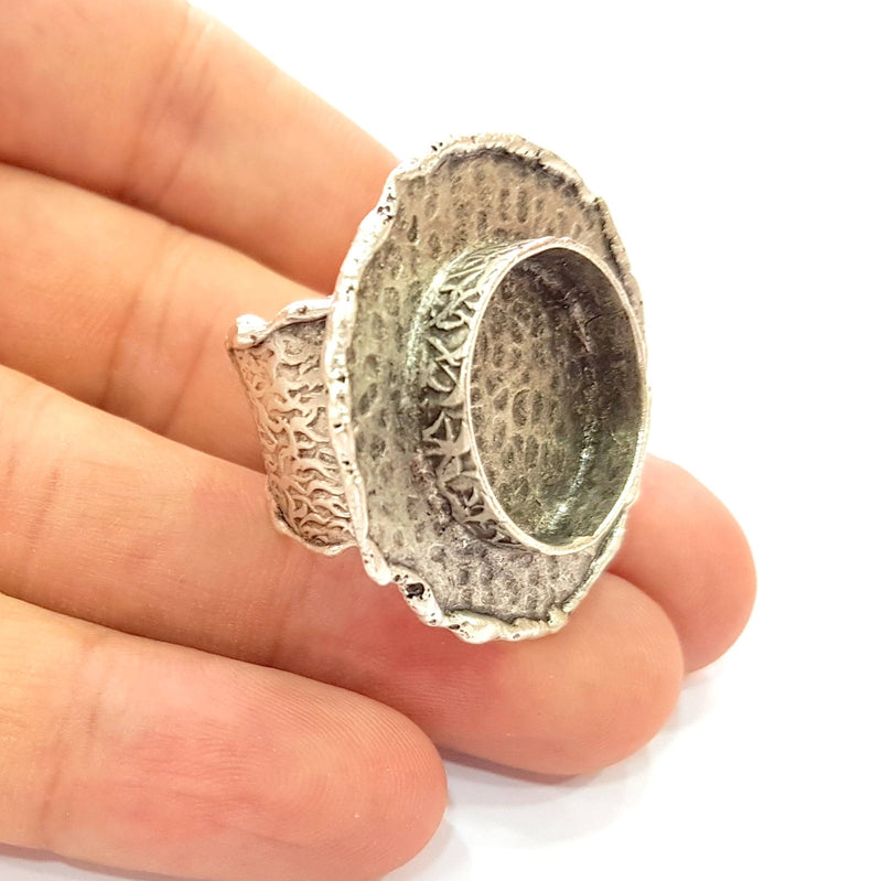 Silver Ring Blank Base Bezel Settings Cabochon Base Mountings Adjustable (20mm Blank) , Antique Silver Plated Brass G8676