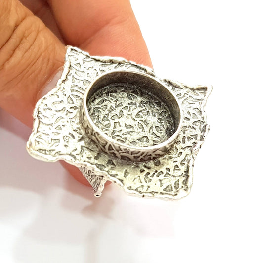 Silver Ring Blank Base Bezel Settings Cabochon Base Mountings Adjustable (20mm Blank) , Antique Silver Plated Brass G8679