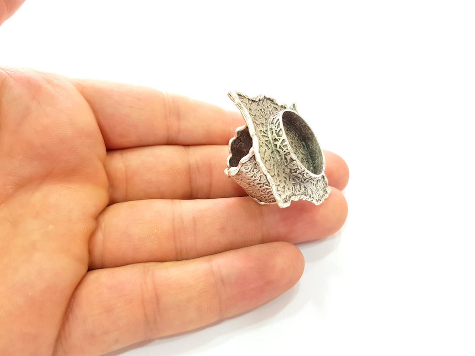 Silver Ring Blank Base Bezel Settings Cabochon Base Mountings Adjustable (20mm Blank) , Antique Silver Plated Brass G8679