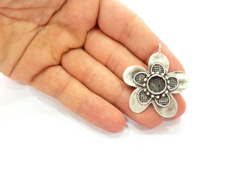 Silver Pendant Blank Bezel Base Setting Necklace Blank Resin Blank Mountings Antique Silver Plated Brass ( 45mm )  G8360